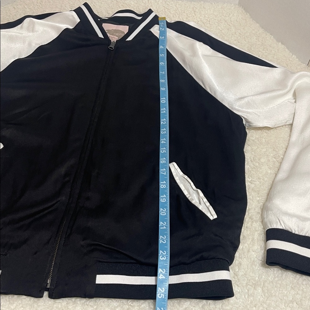 Forever 21 Satin Varsity Bomber Jacket Color Black Ivory Size M - Picture 11 of 16